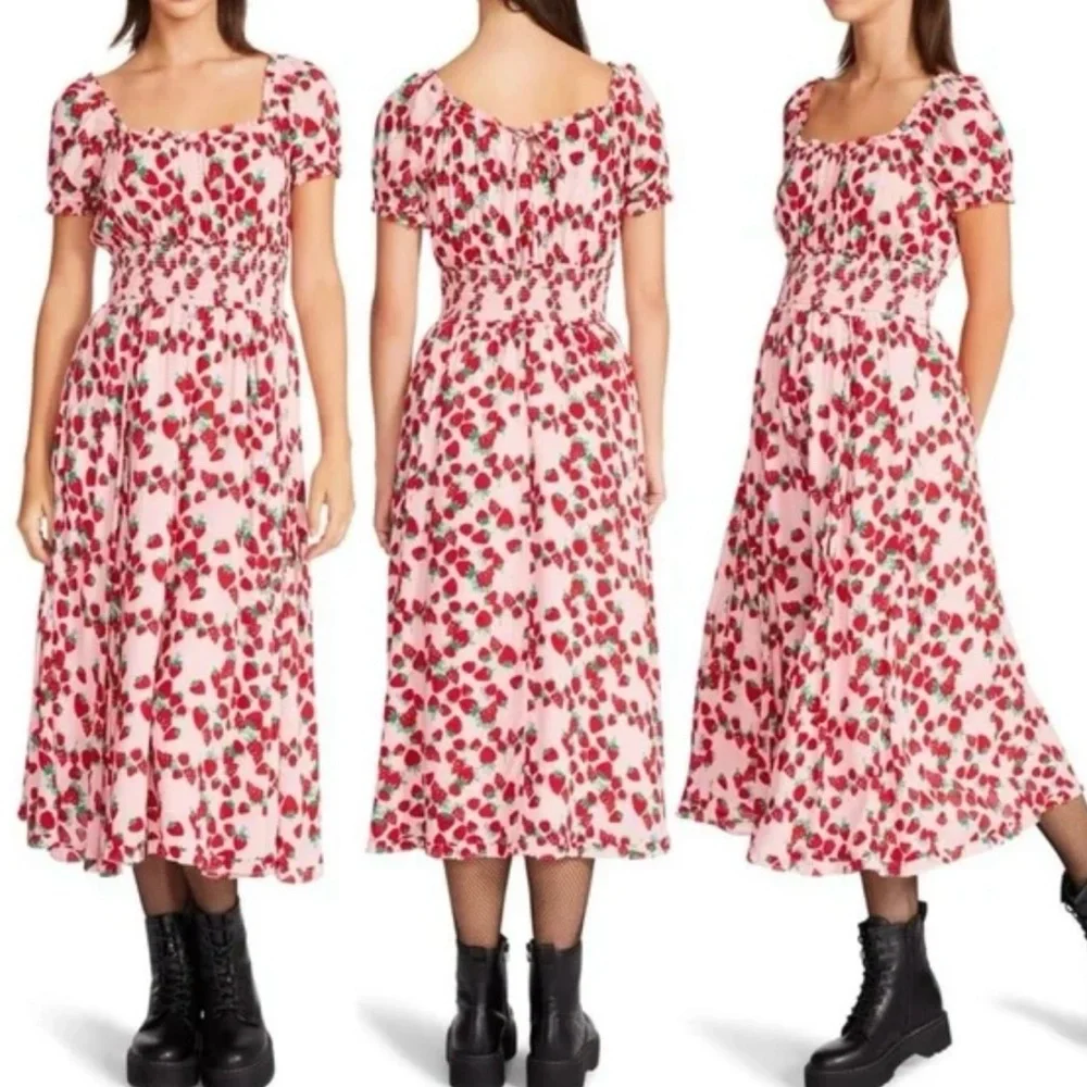 Betsey Johnson Strawberry Fields Smocked Challis Puff Sleeve Milkmaid Maxi Dress